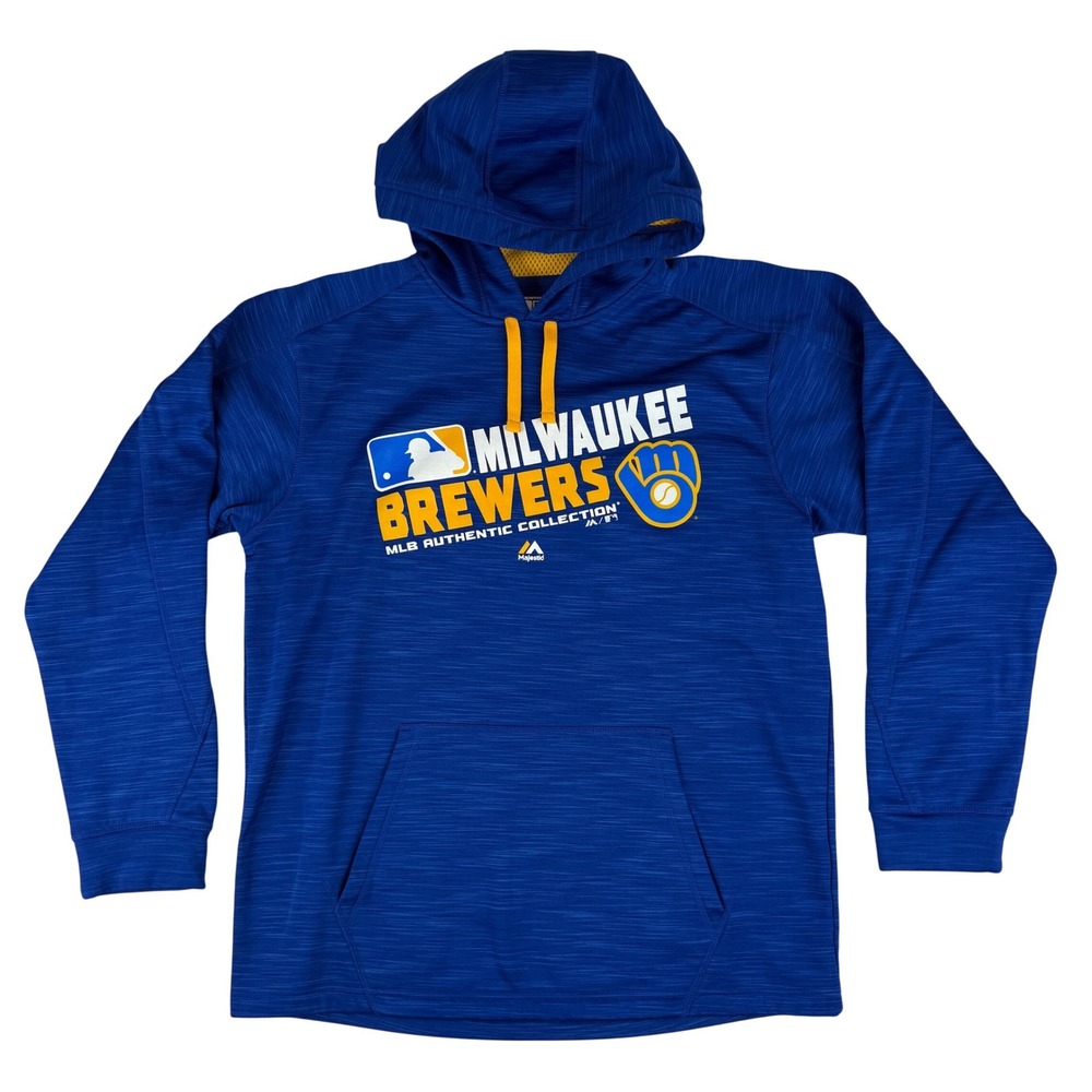 Majestic Hoodie Men Medium Blue Milwaukee Brewers MLB Therma Base Pullover A328